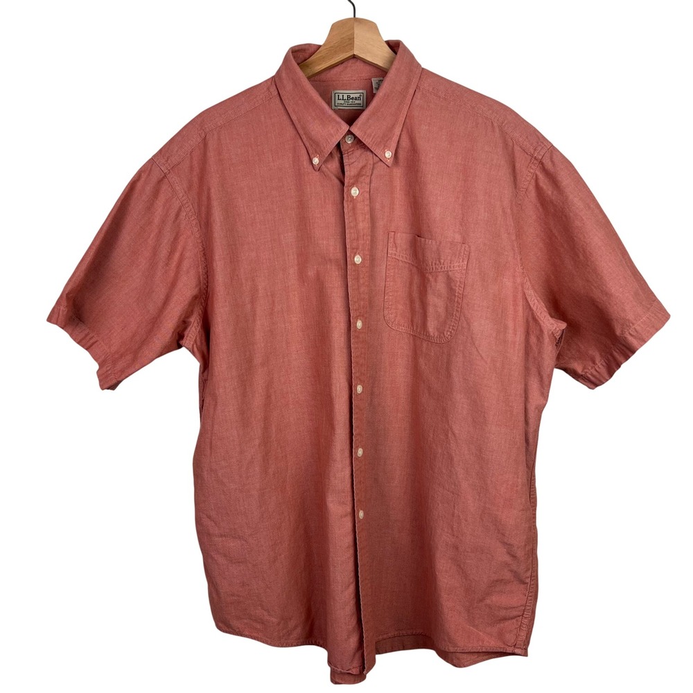 L.L. Bean Mens Short Sleeve Button Down Shirt Salmon XL Reg Cotton‎